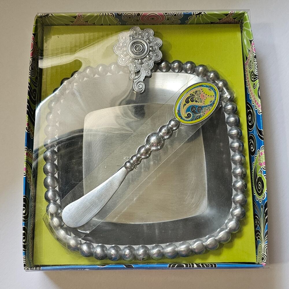 Mudpie Metal Dip Bowl and Spreader Set Paisley Handle Hostess Gift NIB
